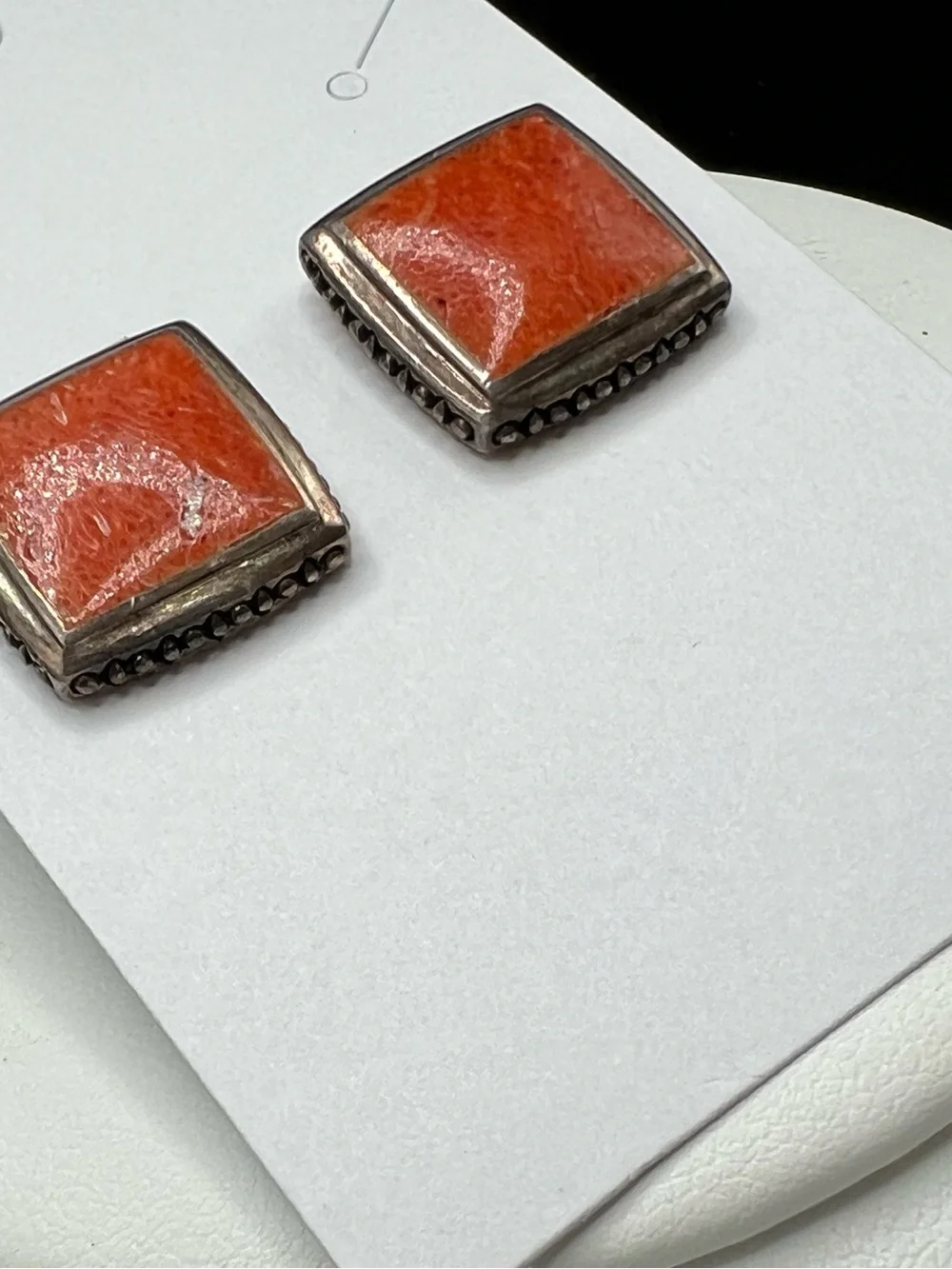 Sterling Silver (925) Orange Sponge Coral Square Stud Earrings Signed PB